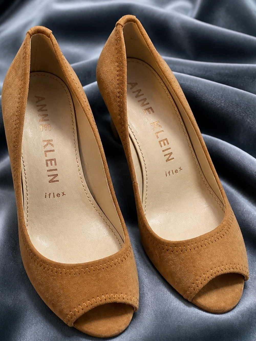Anne Klein Camel Suede Peep-Toe Heels